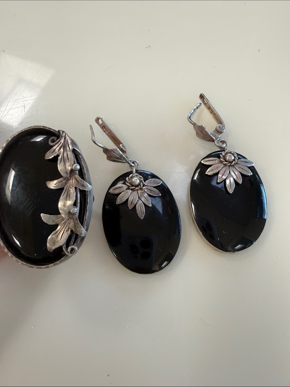 Silver Floral Black Onyx Drop Earrings - Elegant Women's Jewelry